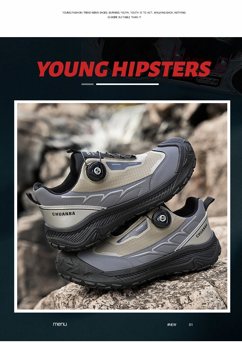 Rotary Buckle Men's Trekking Sneakers Outdoor Platform Hiking Shoes Comfortable Non-Slip Climbing Walking Shoes for Men