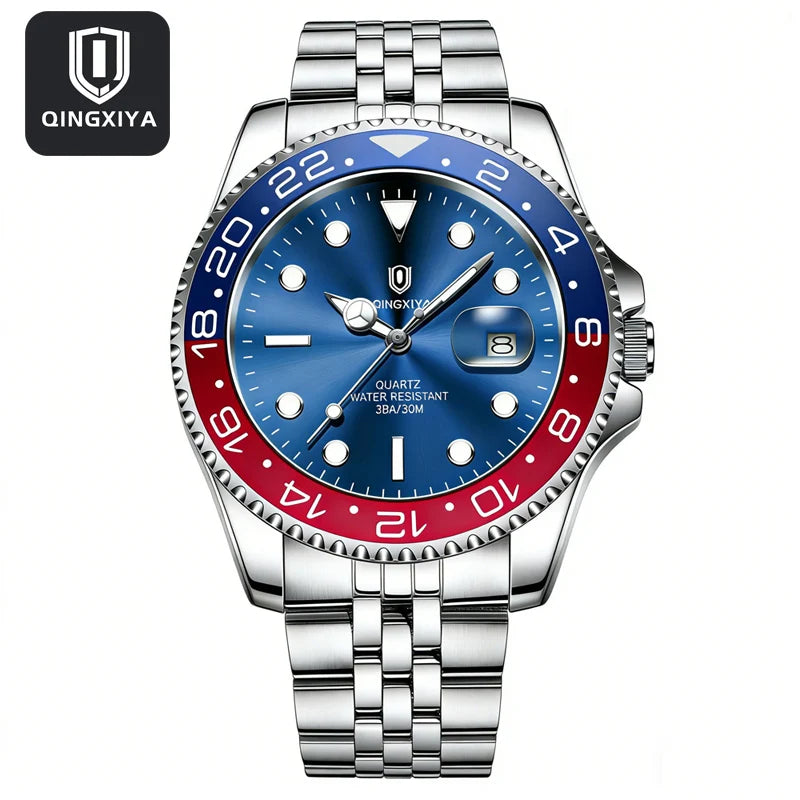 QINGXIYA Luxe herenhorloges met kwartsmechanisme, roestvrij staal, waterdicht, verlicht, datumweergave, herenpolshorloge, reloj hombre