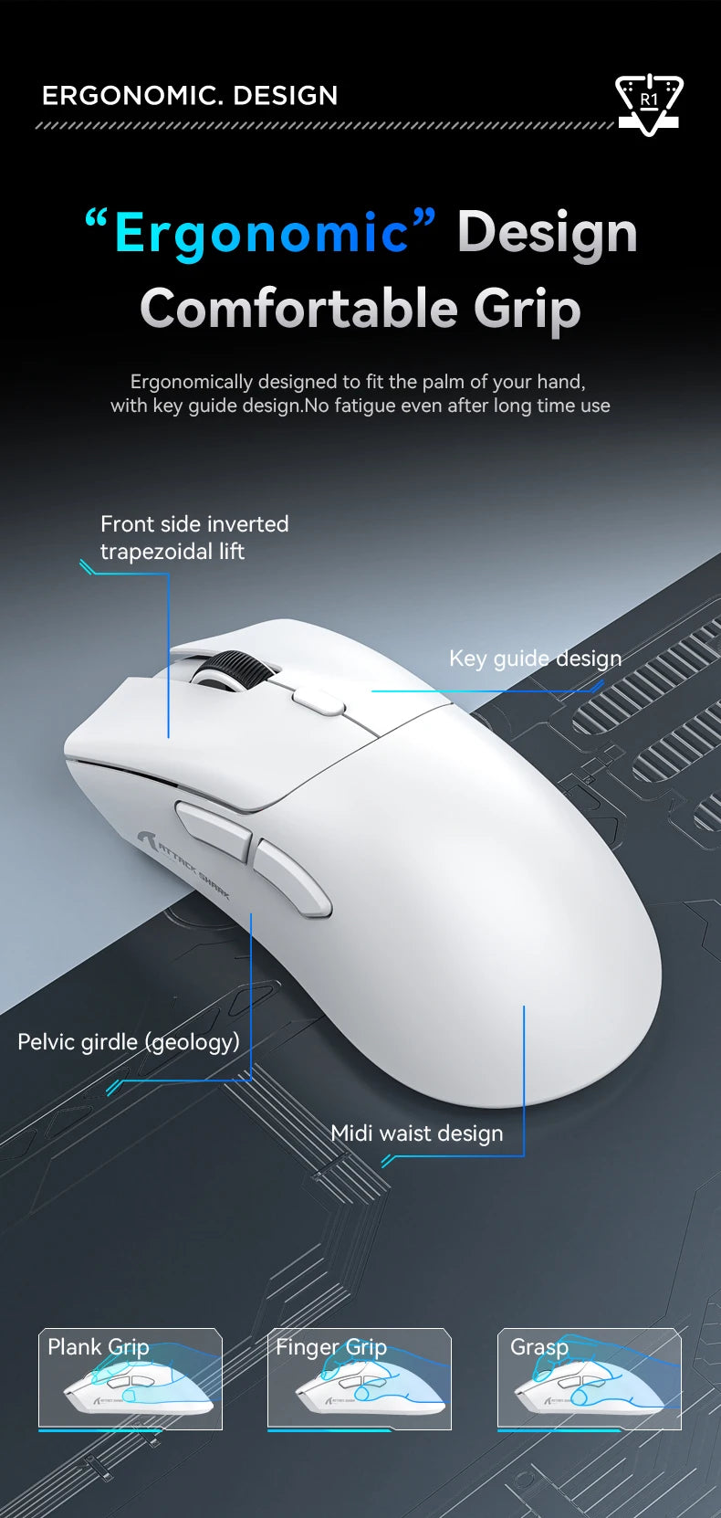 Ratón Bluetooth ATTACK SHARK R1 - Ratón viral reseñado por influencers, auténtico directo de la marca, sensor PAW3311 con 1K Hz para gaming