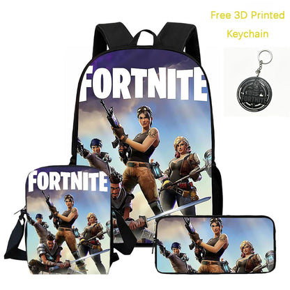 3Pcs Kids Backpack Set, Crossbody & Pencil Bag, FORTNITE Cartoon Bag, Lightweight for Boys Girls 5-10, Free 3D Printed Keychain