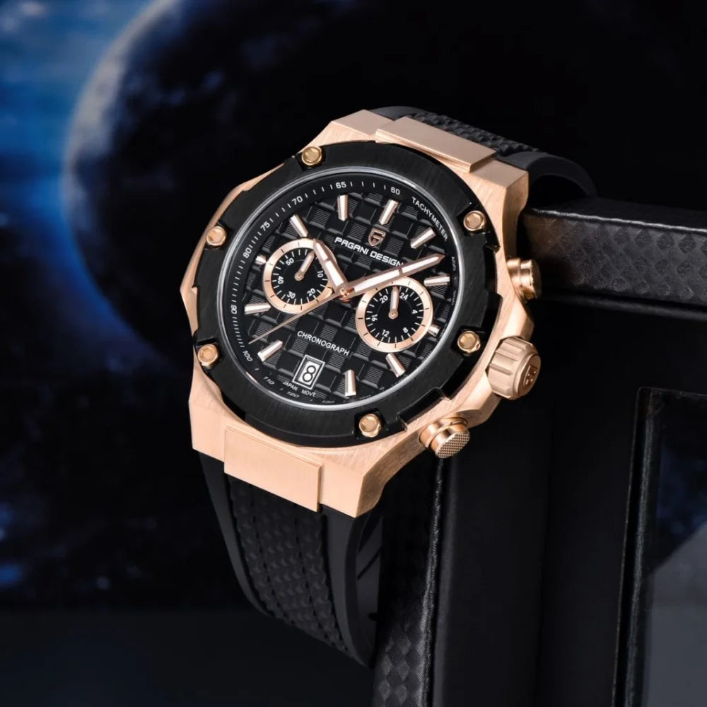PAGANI DESIGN PD-YS032 Men's Quartz Watch 44mm Japan VK64 Movement Stainless Steel Case Rubber Strap Sapphire Glass 100M Waterproof