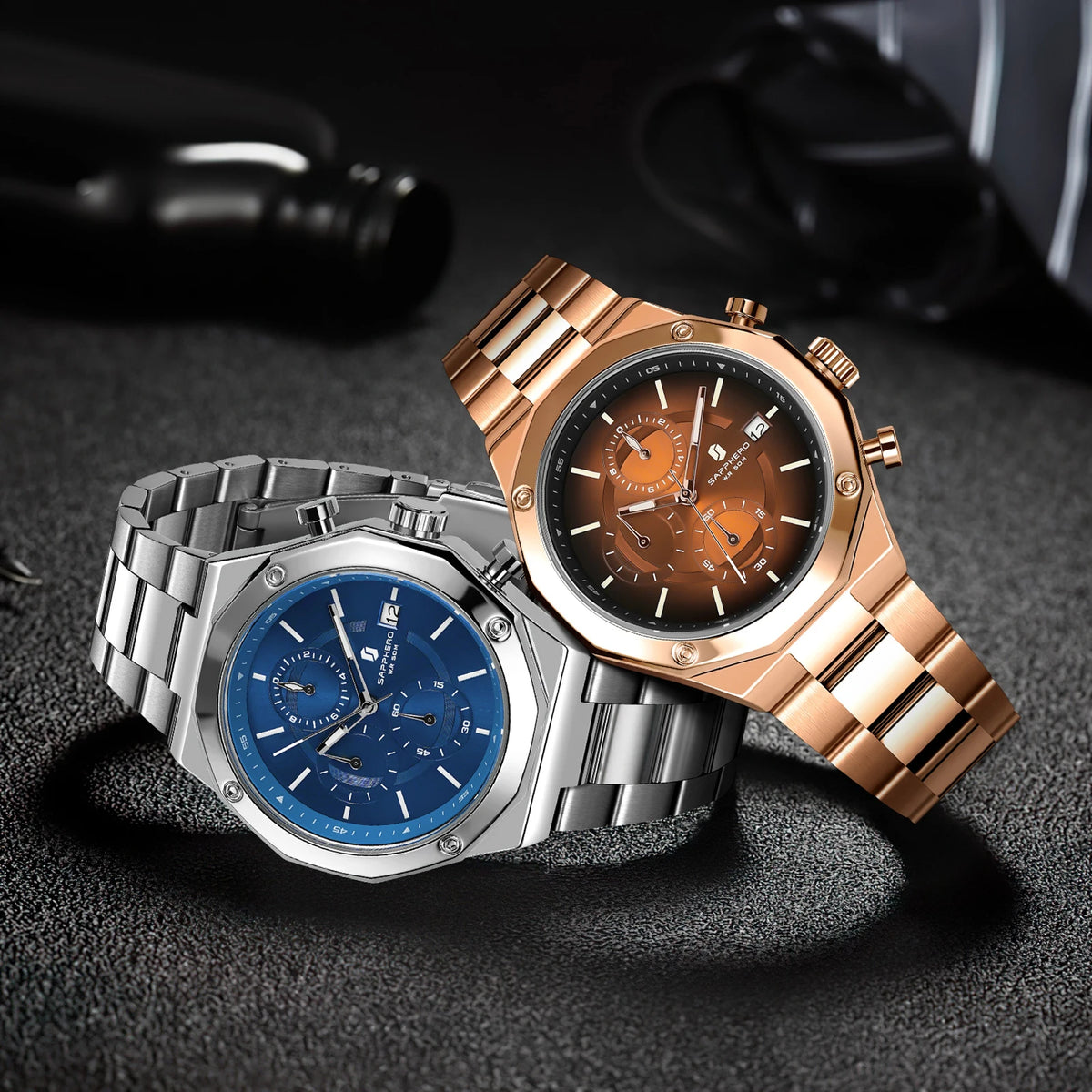 SAPPHERO Roségouden herenhorloge, modieus luxe horloge, roestvrijstalen horloge, waterdicht tot 50 m, herenhorloge, nieuwjaarscadeaus
