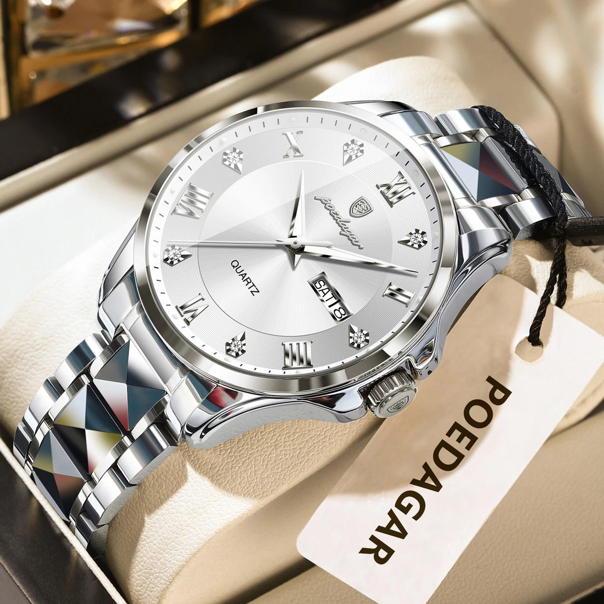 POEDAGAR herenhorloge, origineel luxemodel, waterdicht, verlicht, met datum- en dagweergave, elegante stijl, roestvrijstalen kast, quartz uurwerk, ideaal voor op het werk.