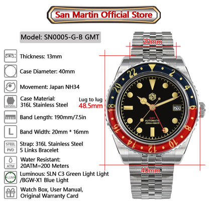 San Martin NH34 40mm GMT Luxury Sports Style Full Luminous Bidirectional Sapphire Bezel Automatic Mechanical Watch 20 Bar SN0005