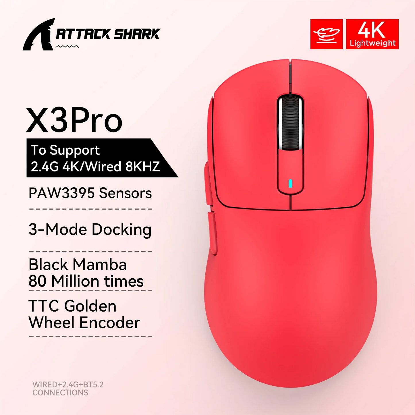 X3 Gaming Mouse Wireless ATTACK SHARK, punainen, 4K-palautusnopeus, Bluetooth Tri-Mode -yhteys, PAW3395, makroilla varustettu Bluetooth-pelihiiri