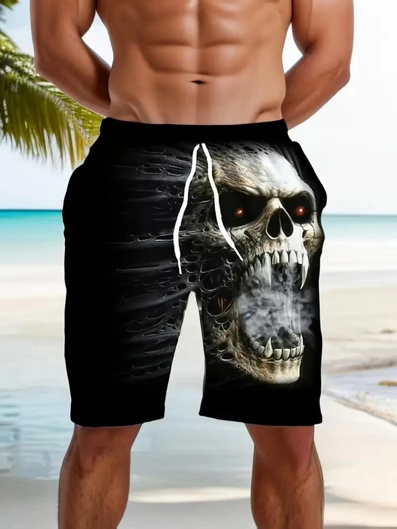 Pantalones cortos de playa para hombre con estampado de calaveras, pantalones cortos de surf con diseño gráfico 3D, para vacaciones, moda urbana, verano, estilo informal y psicodélico.