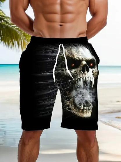 Pantalones cortos de playa para hombre con estampado de calaveras, pantalones cortos de surf con diseño gráfico 3D, para vacaciones, moda urbana, verano, estilo informal y psicodélico.