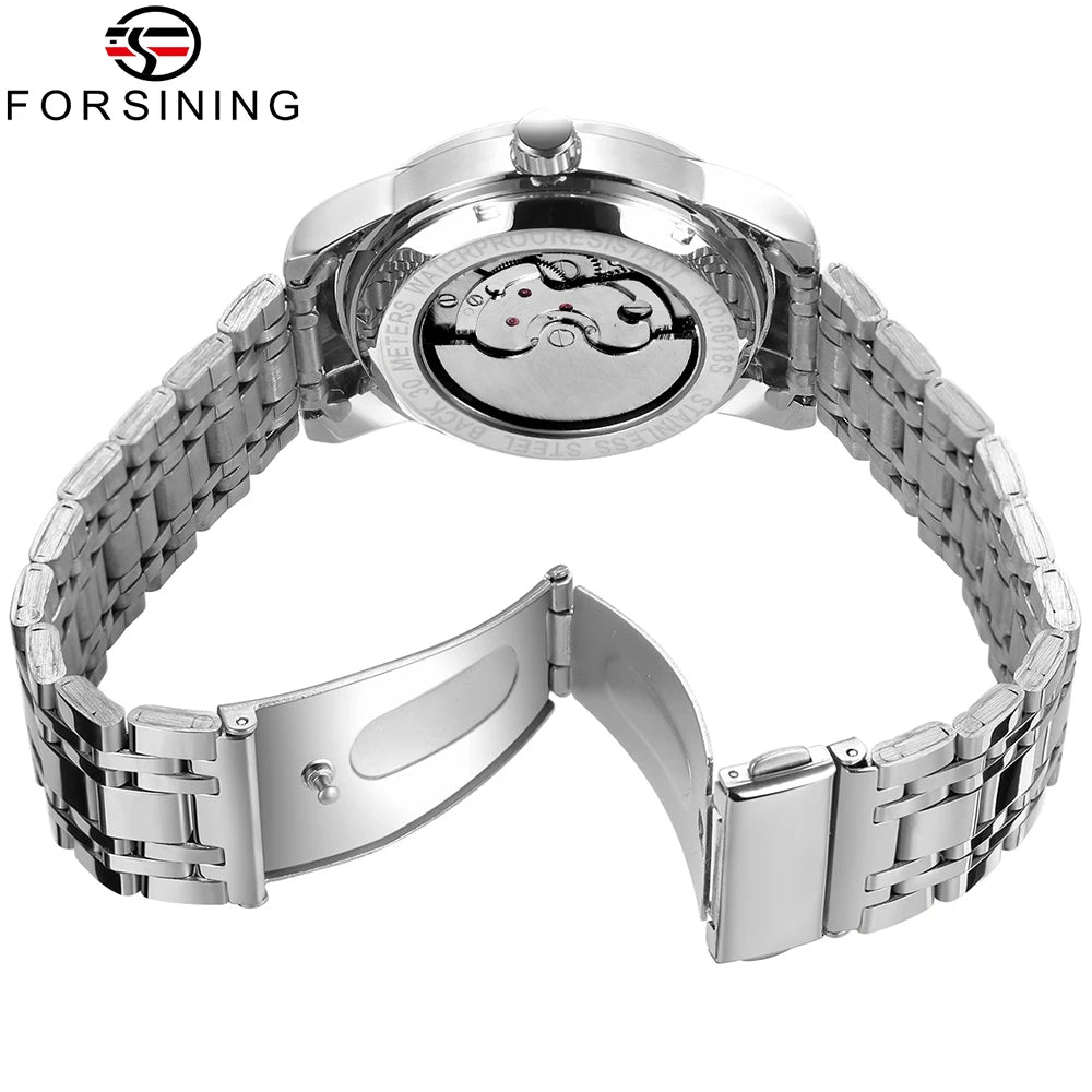 Pánské mechanické hodinky s automatickým nátahem značky Forsining – luxusní, businessový a módní styl, kovový náramek, tourbillon, luminiscenční ručičky, zdobené umělými diamanty