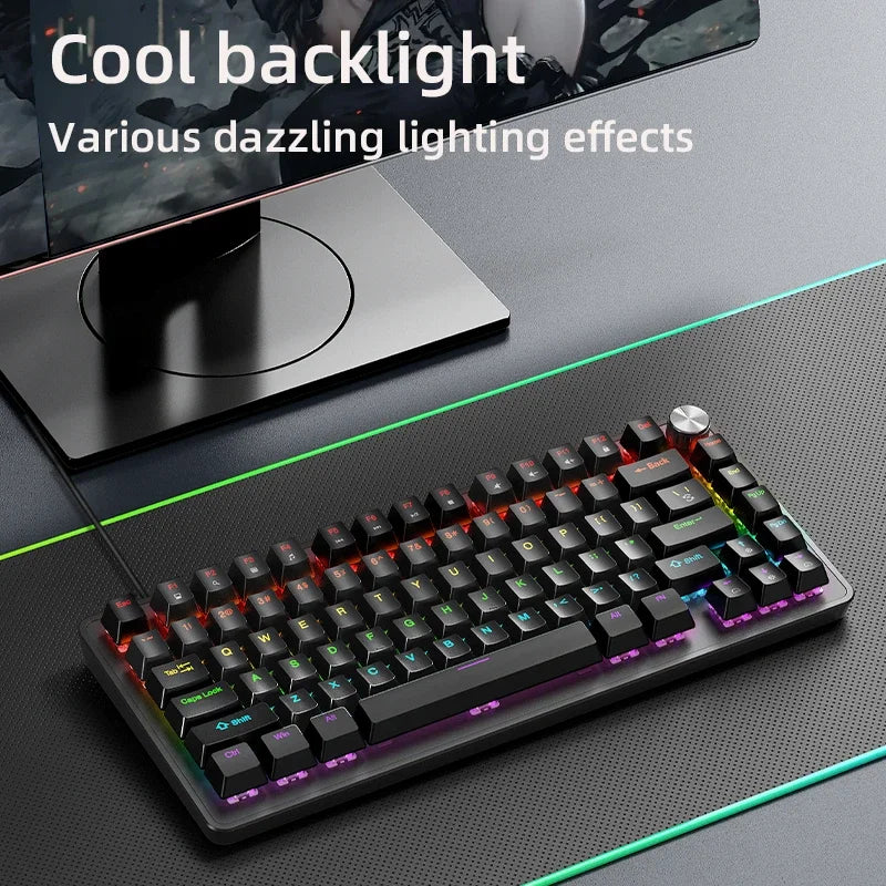 75% Mechanical Keyboard Wired with Media Knob APAYADO Black Gaming Keyboard Hot-Swap ABS Cap Transparent Character Backlighting