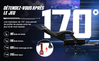 Daccormax Ergonomic Gaming Chair with Footrest, 170° Reclining PU Leather Racing Chair with Lumbar Support, Headrest & Office Comfort