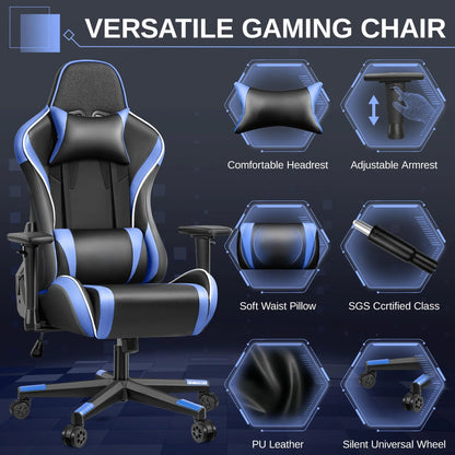 Gaming Chair, Ergonomic PU Leather Office Chair, Reclining Swivel Computer Chair with Headrest Lumbar Support, Black Blue