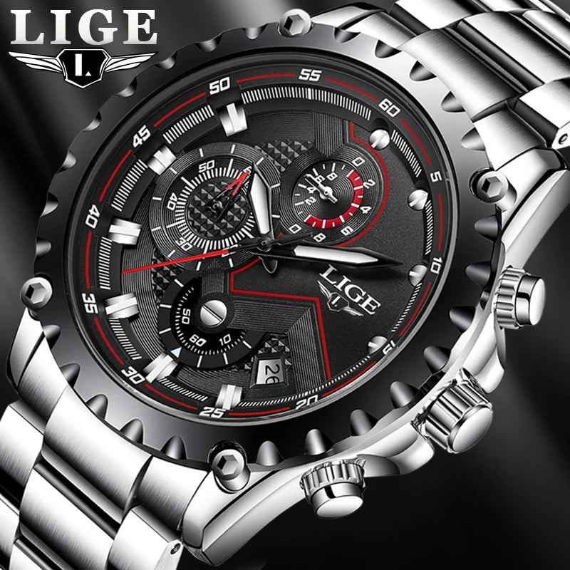 Montre pour homme LIGE – Montre à quartz tendance, marque de luxe, tout en acier, style professionnel, étanche et sportive – Livrée avec boîte