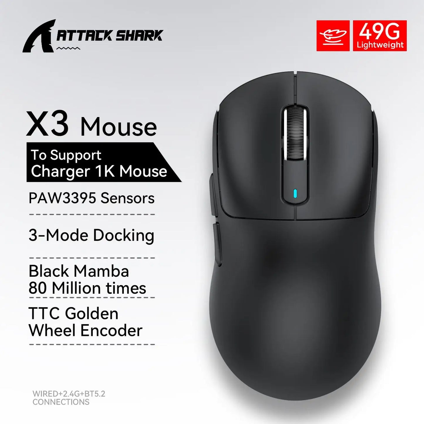 X3 Gaming Mouse Wireless ATTACK SHARK, punainen, 4K-palautusnopeus, Bluetooth Tri-Mode -yhteys, PAW3395, makroilla varustettu Bluetooth-pelihiiri