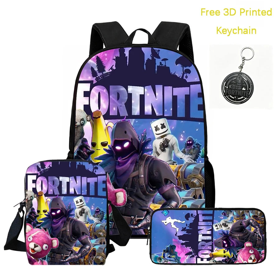 3Pcs Kids Backpack Set, Crossbody & Pencil Bag, FORTNITE Cartoon Bag, Lightweight for Boys Girls 5-10, Free 3D Printed Keychain