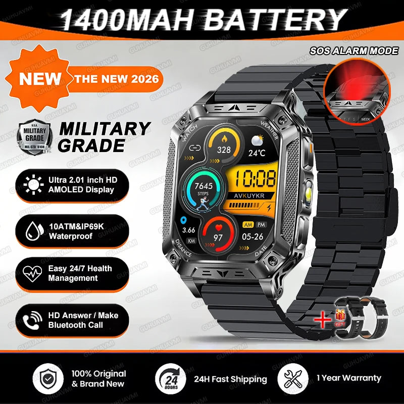 2026 TANK New 1400mAh Military GPS Smart Watch Men 2.01" AMOLED Screen 10ATM Waterproof Clock SOS Call Flashlight Smartwatch iOS