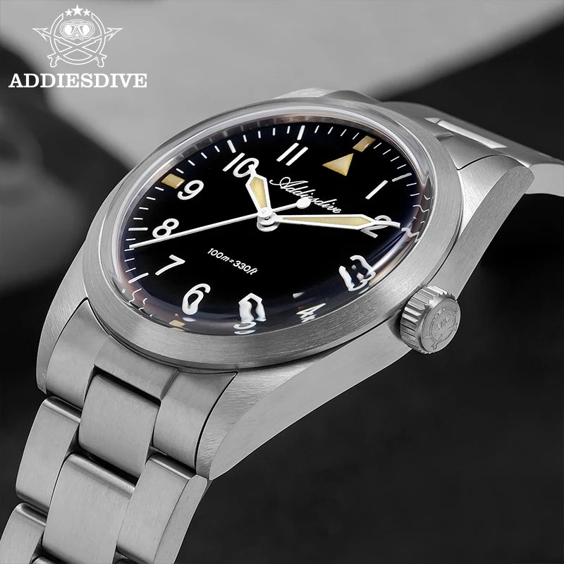 ADDIESDIVE 36mm AD2502 Watch For Men 100M Waterproof Titanium Alloy VH31 Movement Bubble Mirror Glass Luminous Quartz Watches