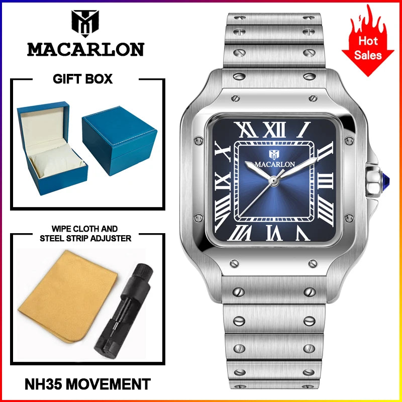 2026 New MACARLON Design 38mm Mechanical Watch Men's Sapphire Glass Luminous Stainless Steel Waterproof China NH35 Automatic Watch