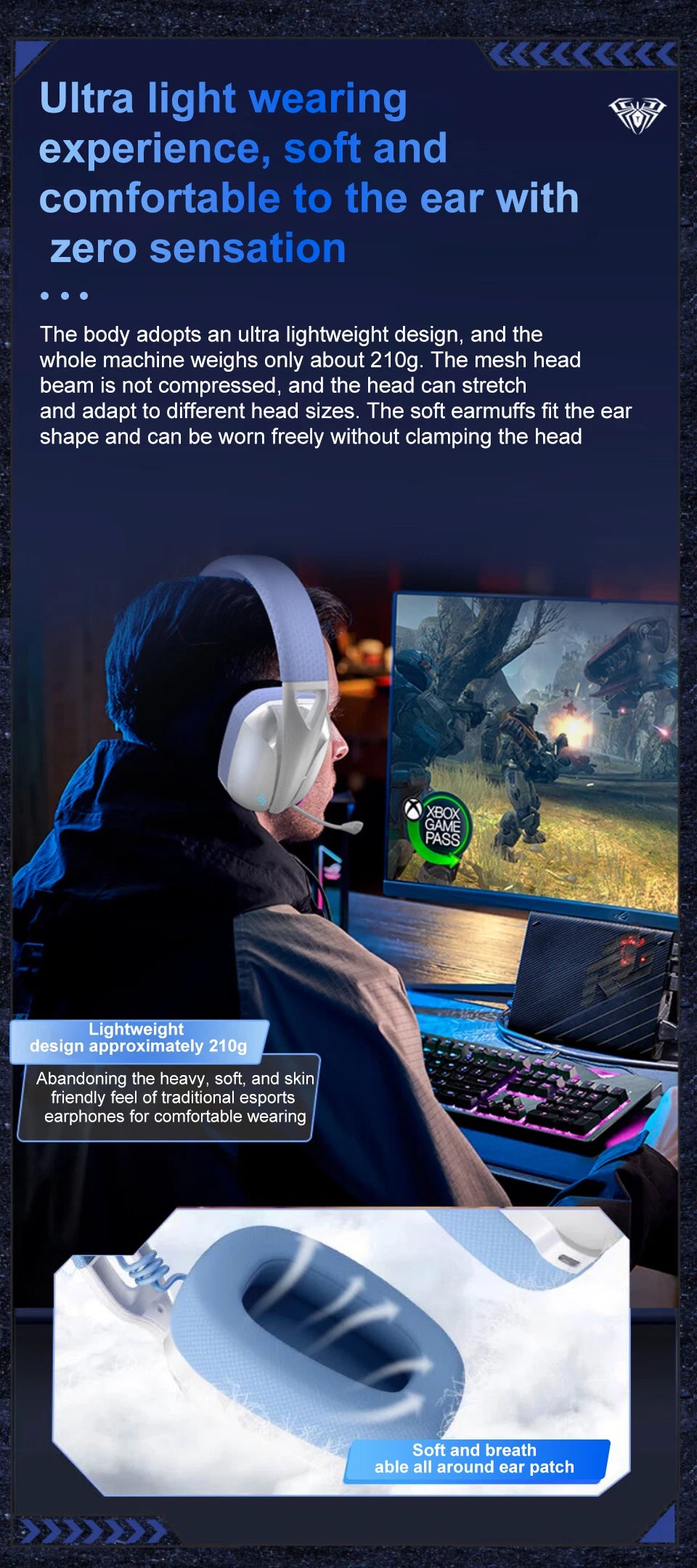 AULA S8 Gaming Headset Triple-Mode Wireless Bluetooth 5.3 Gaming Headset with Detachable Microphone, Lightweight Gaming Headset for PC, PS5, Switch & Mobile