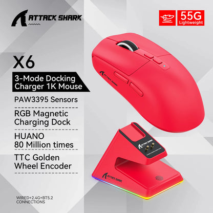 Attack Shark X6 Lightweight Wireless Gaming Mouse with 3 Mode Up to 26K DPI RGB Backlight Charging Base for Laptop Deskbtop