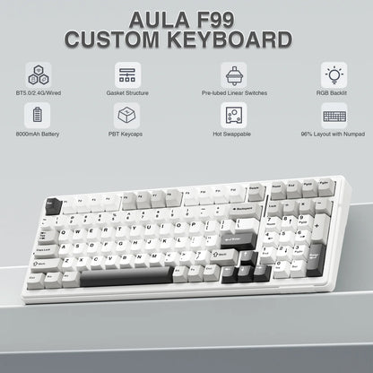 AULA F99 Mechanical Keyboard Bluetooth 5.0/2.4G Wireless/Wired Gasket-mounted Gaming Keyboard 99 Keys Customizable Keyboards