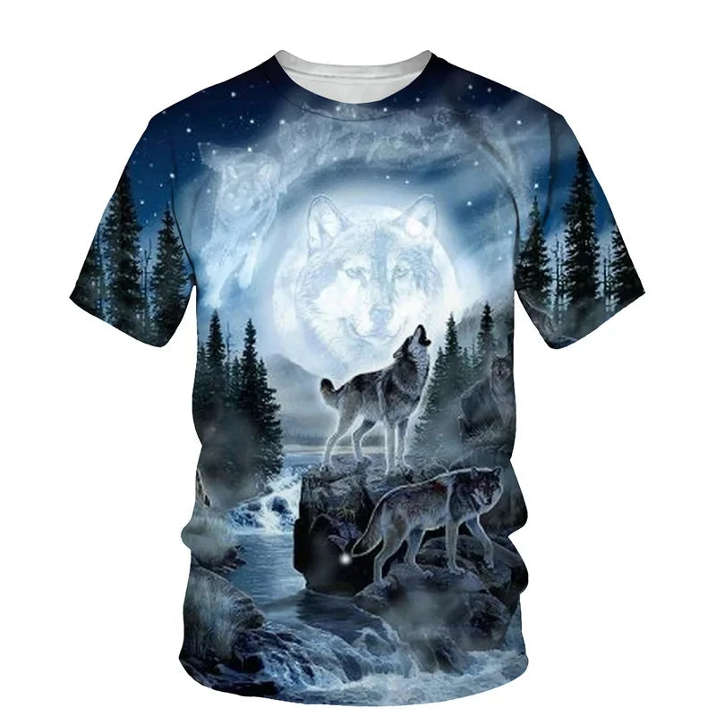 Dierenpatroon met wolf, 3D-print, heren-T-shirt met ronde hals, modieuze T-shirts, casual, korte mouwen, oversized, Y2K, Harajuku, unisex-kleding