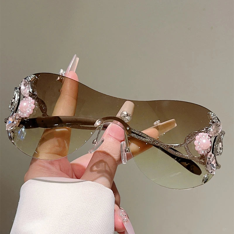KAMMPT Rimless Y2k Sunglasses with Rhinestones Women Fashion Monoblock Outdoor Decor Shades Trendy Design Gradient Sun Glasses