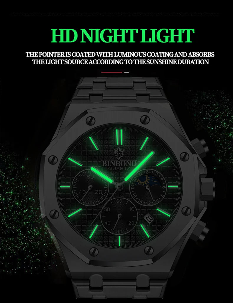 BINBONG B0161 Top Brand Man Business Quartz Watch Chronograph Wristwatch Stainless Steel Strap 30M Waterproof Luxury Men Watch
