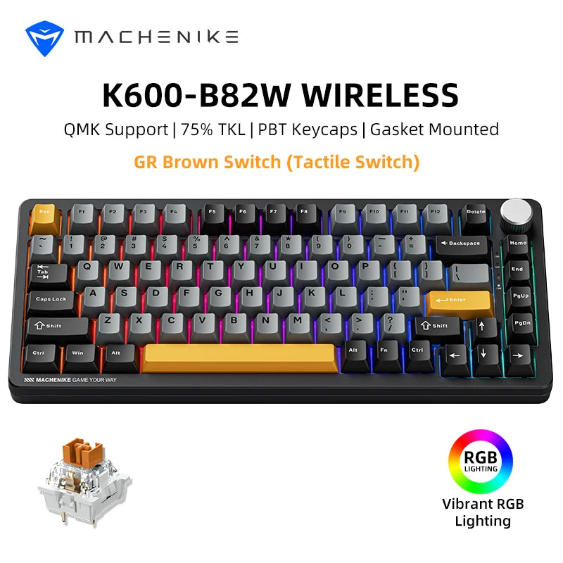 Machenike K600-B82W Mechanical Keyboard Tri-Modes Gasket Mounted 75% ANSI Layout RGB Backlit Wireless Gaming Keyboard