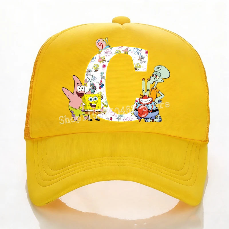 SpongeBobs Baseball Cap Kids Adult Summer Outdoor Sports Sun Hat Child Cute Letter A-Z Sunbonnet Breathable Mesh Headgear Gift