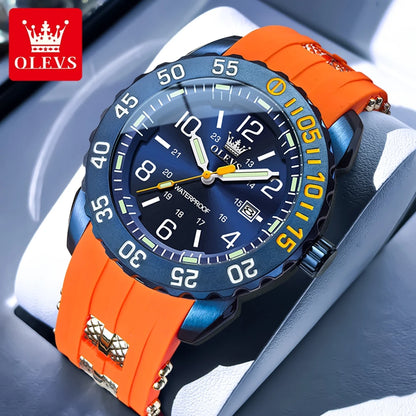 OLEVS Luxe herenhorloge met kwartsmechanisme, waterdicht, lichtgevend oranje siliconen band, sportieve herenhorloges in militaire stijl