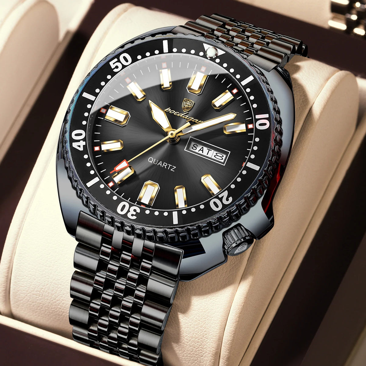 Montre homme POEDAGAR de luxe, style business, avec date et jour de la semaine, étanche et lumineuse, en acier inoxydable et à quartz.