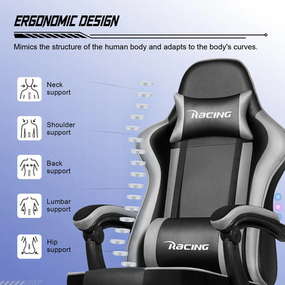 Daccormax Ergonomic Gaming Chair with Footrest, 170° Reclining PU Leather Racing Chair with Lumbar Support, Headrest & Office Comfort