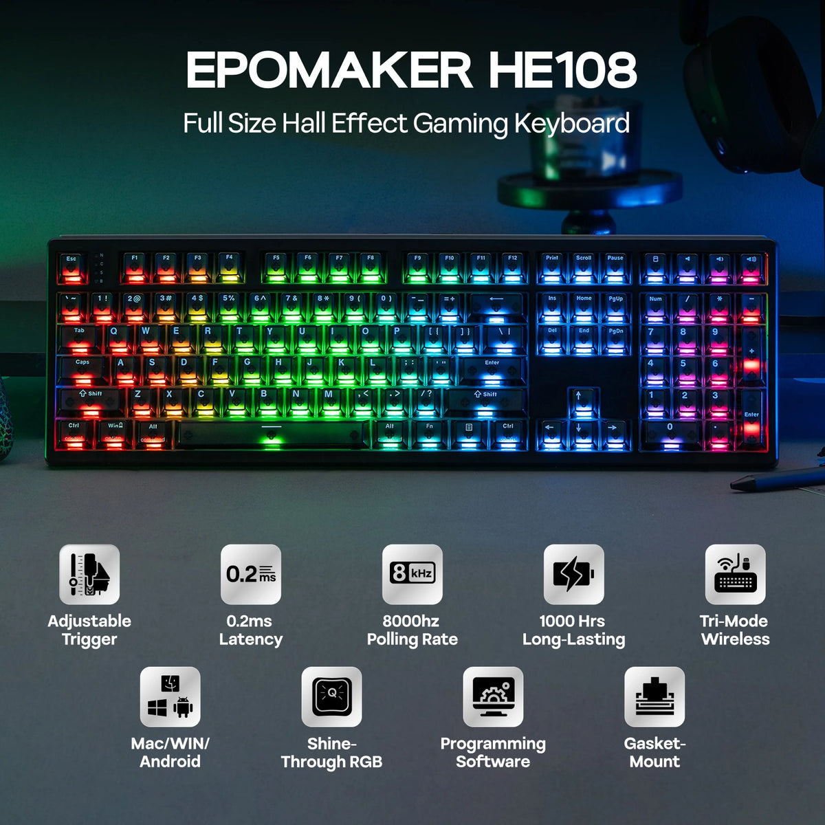 EPOMAKER HE108 100 % ANSI US QWERTY -asettelulla varustettu langallinen/BT/2,4 GHz langaton Hall-efektipohjainen mekaaninen näppäimistö, jossa on SOCD/DKS- ja Rapid Trigger -ominaisuudet