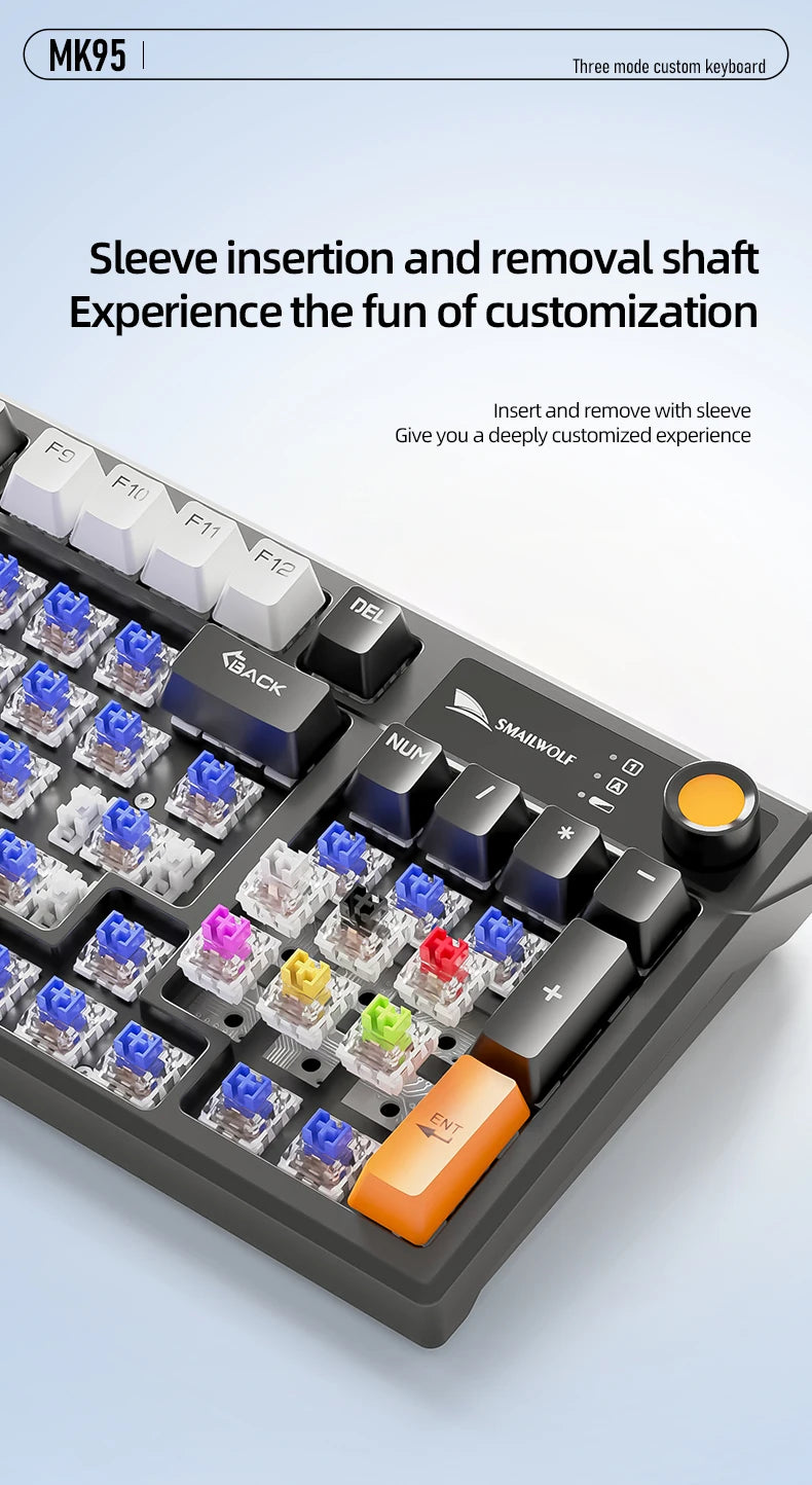 SMAILWOLF MK95 Bluetooth Wireless Korean Customized Mechanical Keyboard e-Sports 3 Modes Laptop Office Game Full Key Hot Swappable RGB Lighting Effects