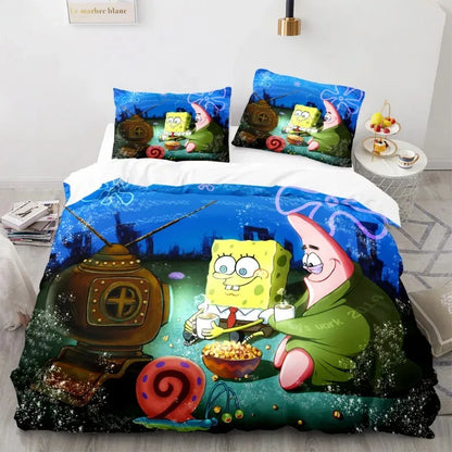 Cartoon Anime SpongeBobed Bedding Set 3D Printed Patricks Squidwards Quilt Duvet Cover Pillowcase Bed Set Full Queen King Size