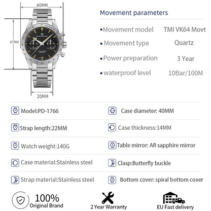 PAGANI DESIGN 2024 New Wide arrow Moon Men's Watches Luxury Quartz Watch For Men Sport Retro Chronograph VK64 AR Sapphire glass