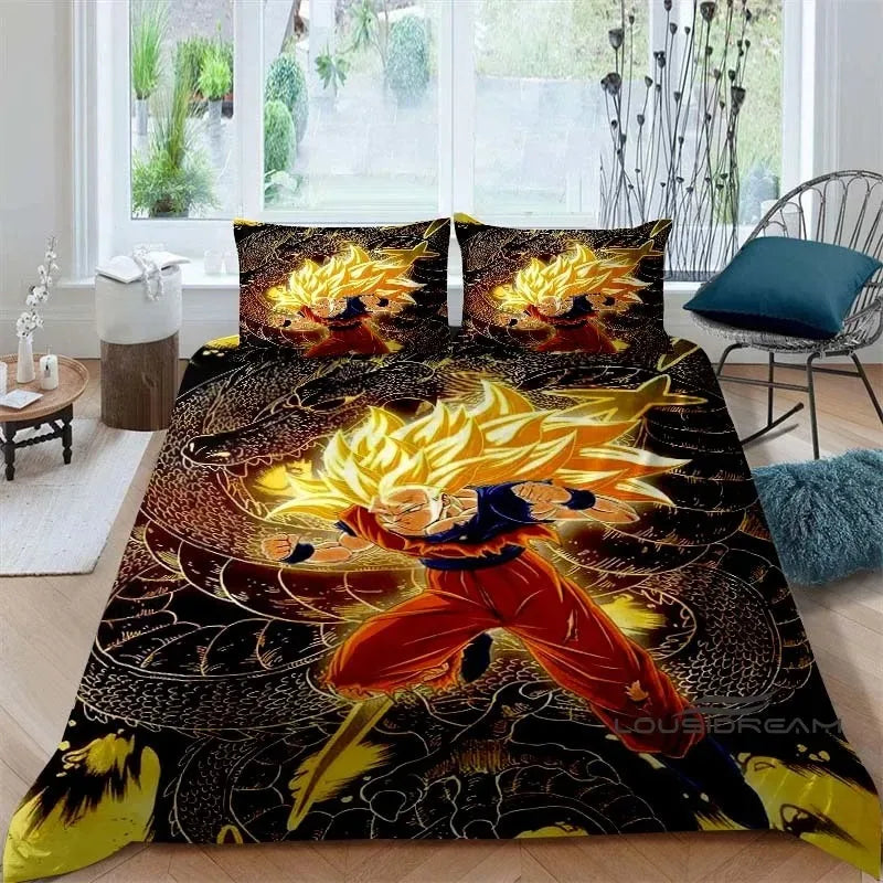 Rajzfilm/anime Son Goku Dragon Ball témájú nyomtatott ágyneműkészlet: Ez a puha és kényelmes készlet egy paplanhuzatot és párnahuzatot tartalmaz.