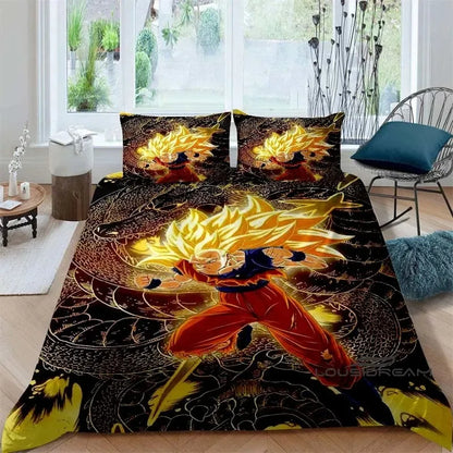 Rajzfilm/anime Son Goku Dragon Ball témájú nyomtatott ágyneműkészlet: Ez a puha és kényelmes készlet egy paplanhuzatot és párnahuzatot tartalmaz.