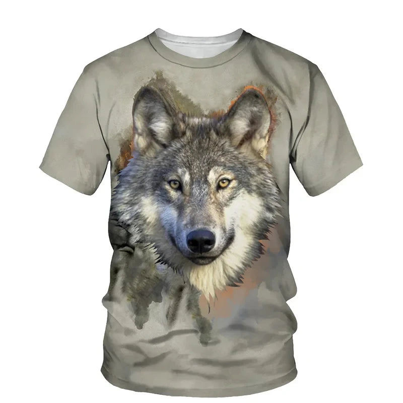 Dierenpatroon met wolf, 3D-print, heren-T-shirt met ronde hals, modieuze T-shirts, casual, korte mouwen, oversized, Y2K, Harajuku, unisex-kleding