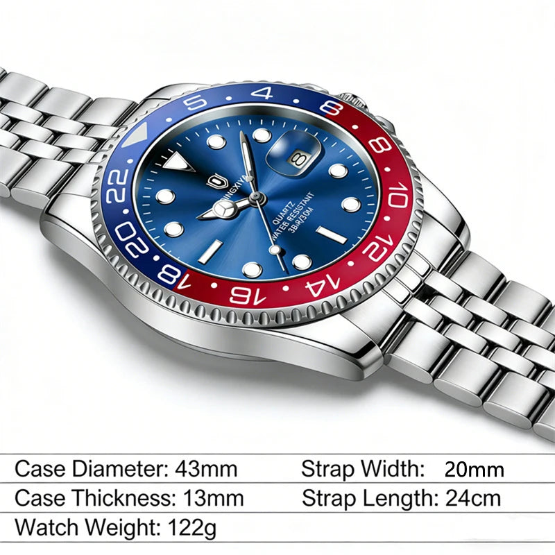 QINGXIYA Luxe herenhorloges met kwartsmechanisme, roestvrij staal, waterdicht, verlicht, datumweergave, herenpolshorloge, reloj hombre