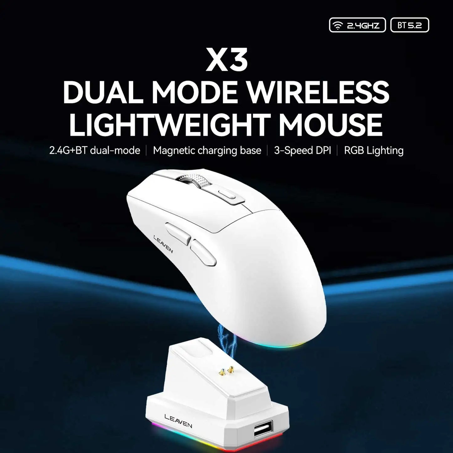 X3 Wireless Bluetooth Mouse 2.4G Dual-Mode Connection, DPI Adjustable,Lightweight Gaming Mouse,RGB Light,300mAh Battery Capacity