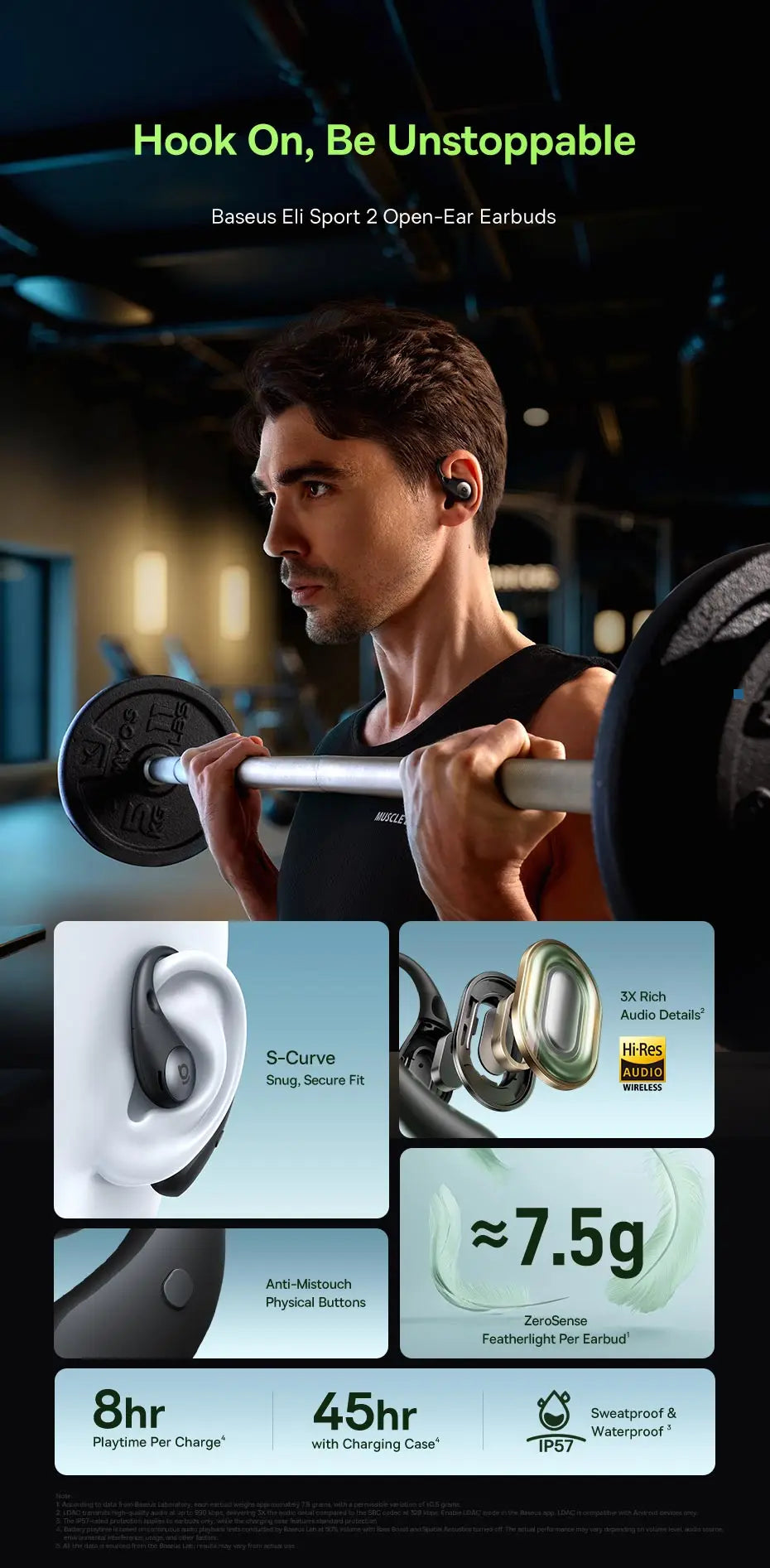 Baseus Eli Sport 2 avoimetyyppiset langattomat kuulokkeet, Bluetooth 6.0, OWS-kuulokkeet, korkean resoluution ääni LDAC-tuella, OWS-kuulokkeet, korvakoukulla varustetut urheilukuulokkeet