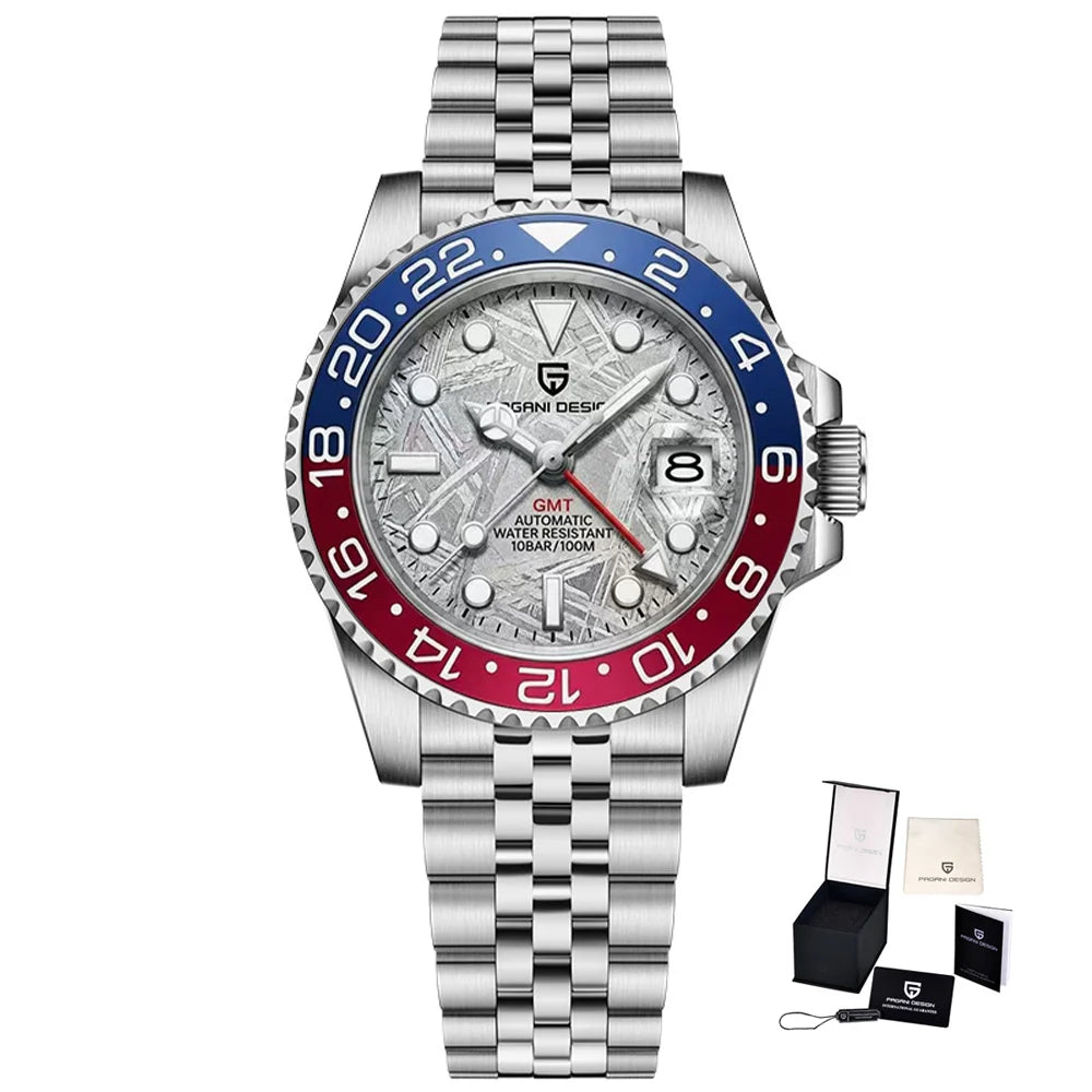 Relógio mecânico para homem Pagani Design GMT – Modelo de luxo com vidro de safira, caixa em aço inoxidável e luneta em cerâmica – Relógio automático para homem, estilo profissional