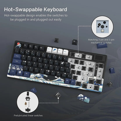 womier S-K80 Sea Wave Hot Swappable Gaming Keyboard Wired Mechanical Keyboard with Color OLED Display Gasket Mount RGB Keyboard
