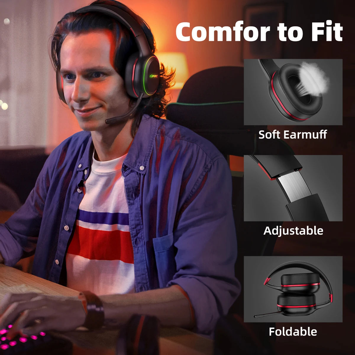 Kofire UG-05 Wireless Gaming Headset with Mic, RGB Lights, 2.4G Bluetooth 5.0 Gaming Headphones for PS5 PS4 PC Switch