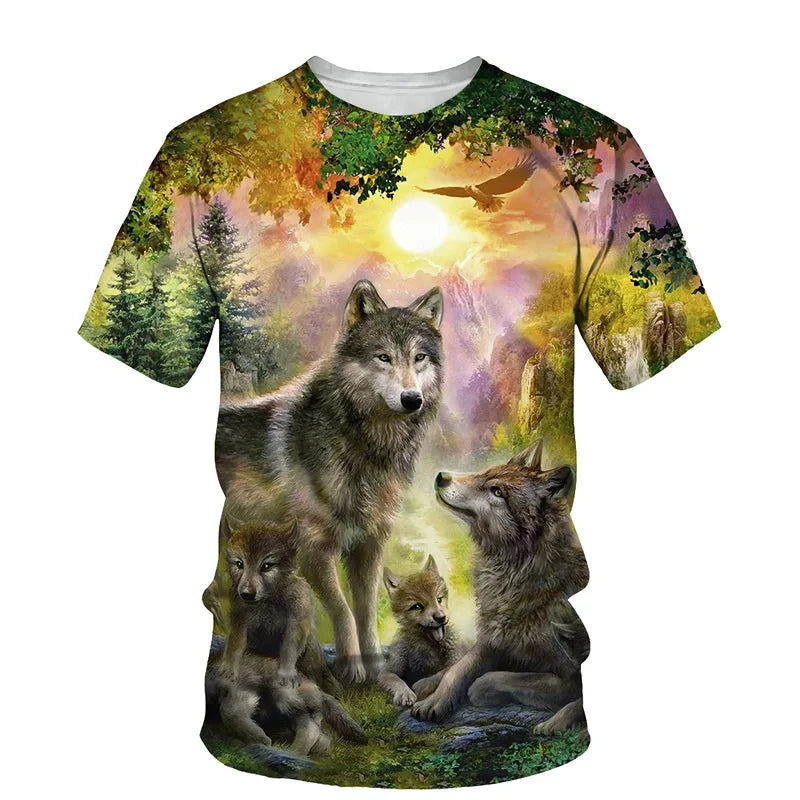 Dierenpatroon met wolf, 3D-print, heren-T-shirt met ronde hals, modieuze T-shirts, casual, korte mouwen, oversized, Y2K, Harajuku, unisex-kleding