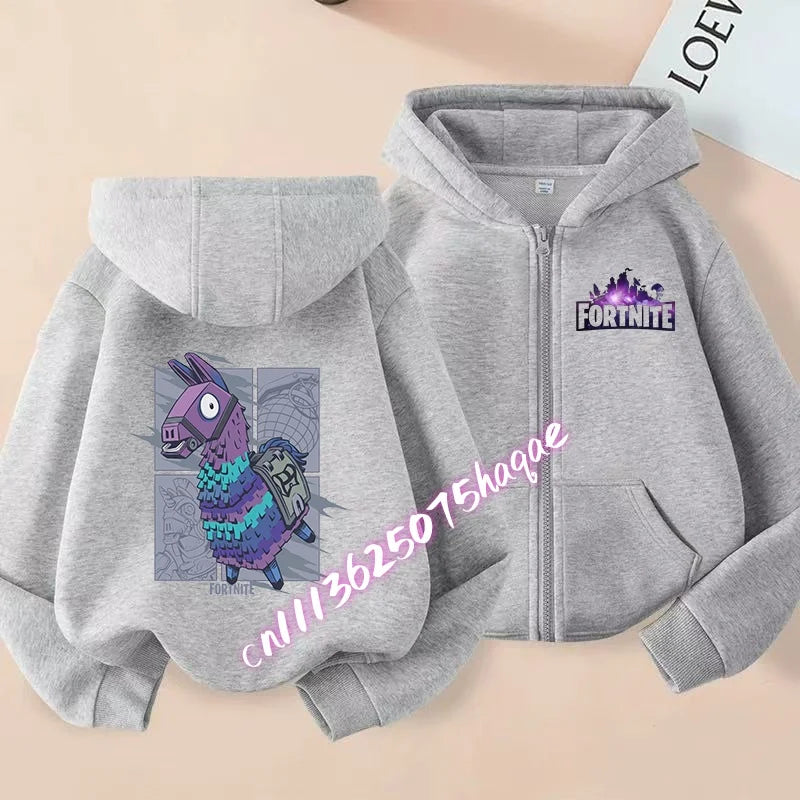 Casaco com capuz infantil Fortnite de outono, com fecho, estampado com personagem de jogo em estilo cartoon, casaco de inverno para criança, roupa para menino