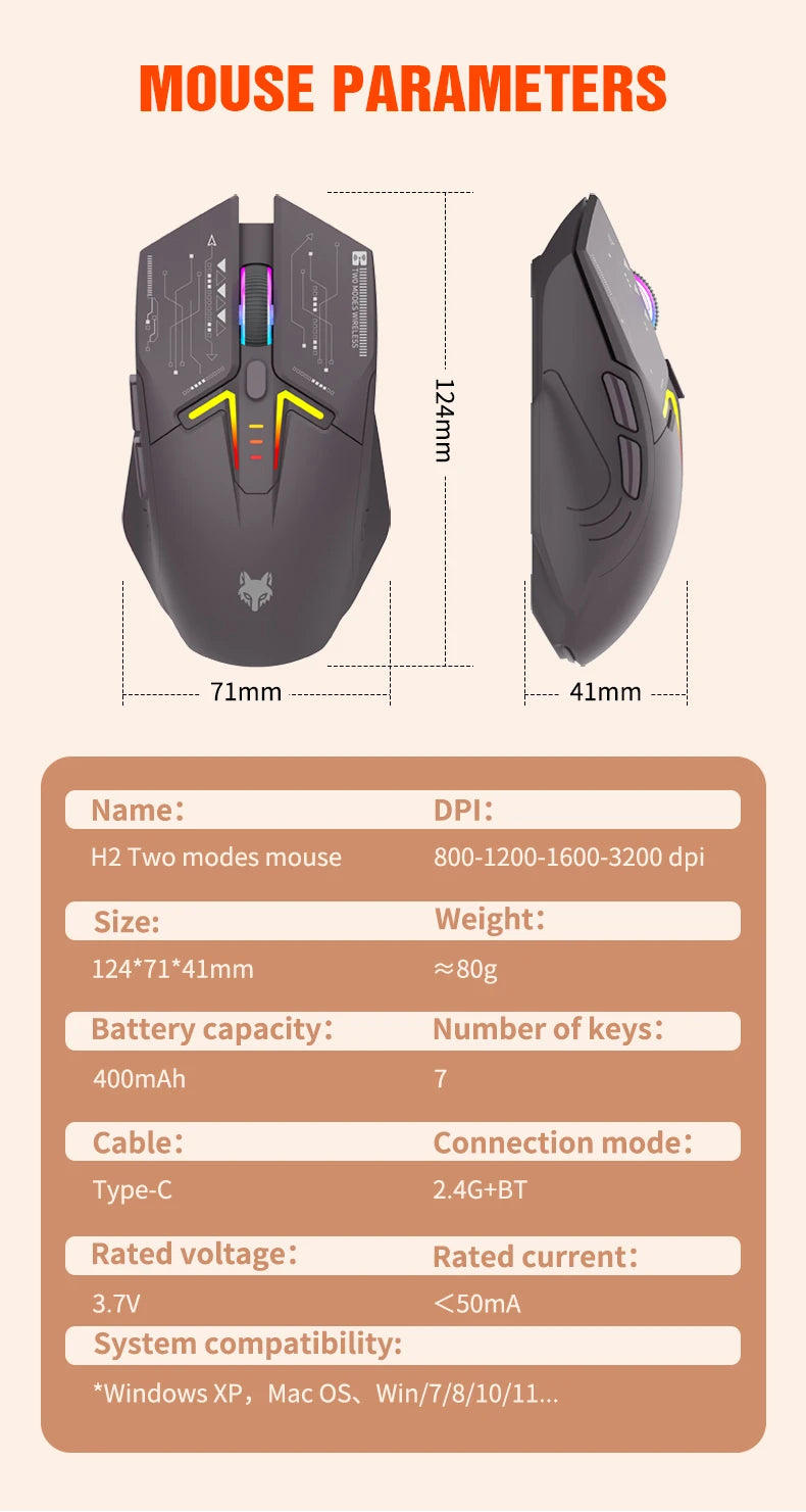 XUNSVFOX H2 Wireless Bluetooth Dual-Mode Mouse with RGB Lighting Effect for Laptop Gaming and Office, Magnetic Charging