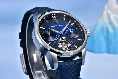 PAGANI DESIGN – Ceas mecanic de lux pentru bărbați, 41 mm, sticlă de safir, curea din piele, rezistent la apă, stil pilot, cu turbilion și fază lunară