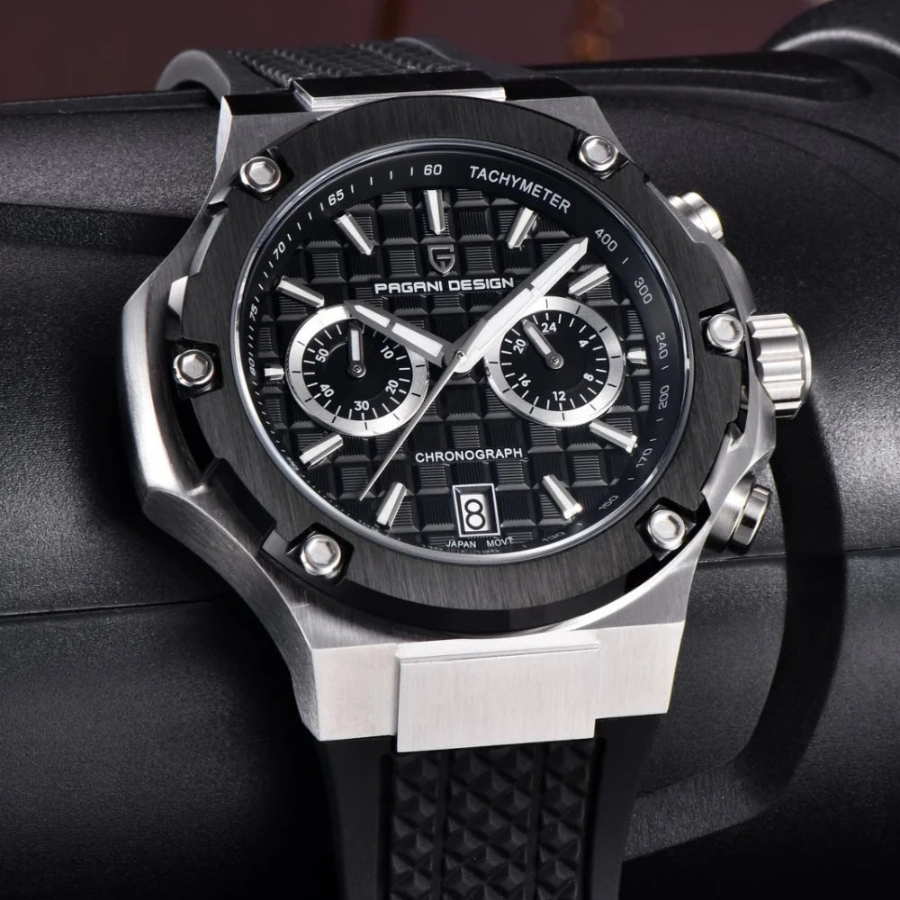 PAGANI DESIGN PD-YS032 Men's Quartz Watch 44mm Japan VK64 Movement Stainless Steel Case Rubber Strap Sapphire Glass 100M Waterproof